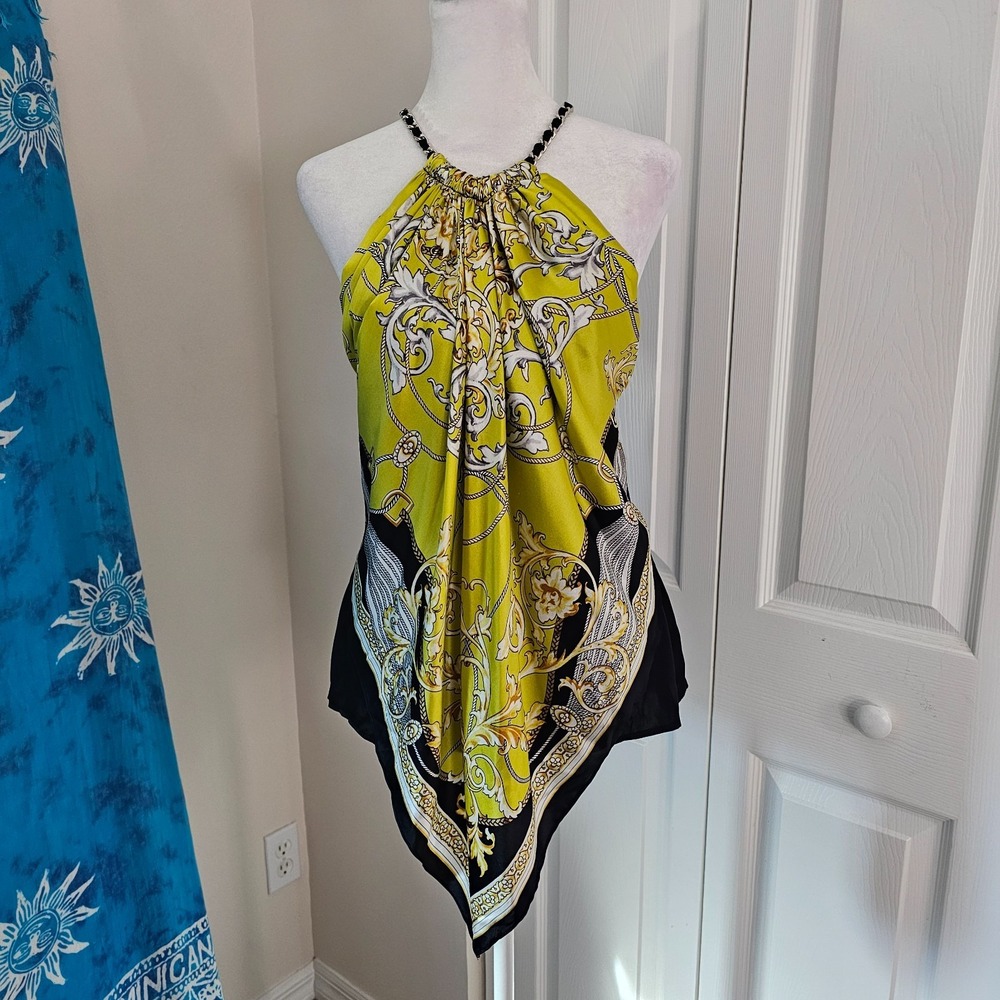 Cache Size M 95% Silk Scarf Print Halter Top Chain Neck Y2K Baroque Chartreuse